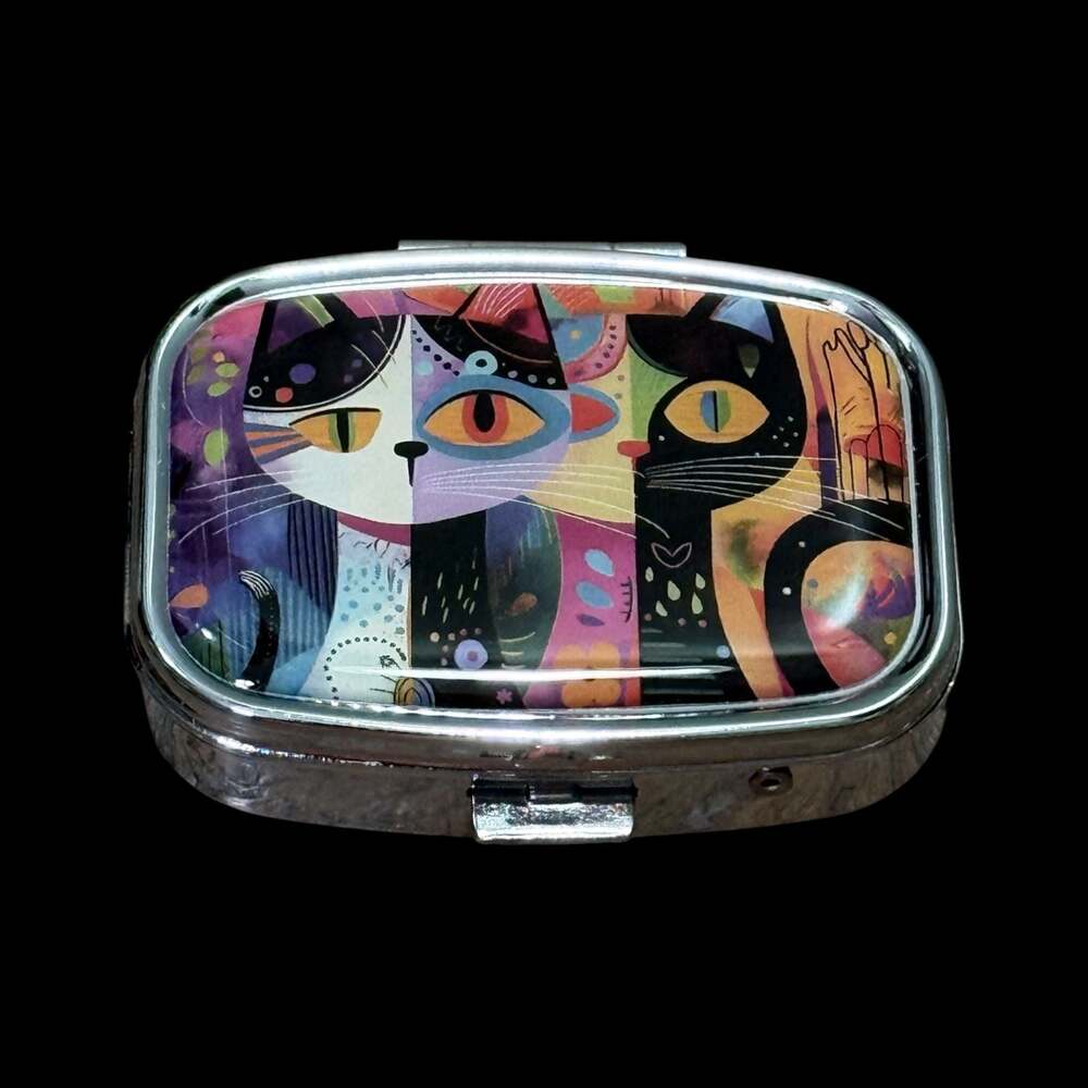 Cute Artistic Cat Duo Portable Rectangle Metal Pill Organizer Case
